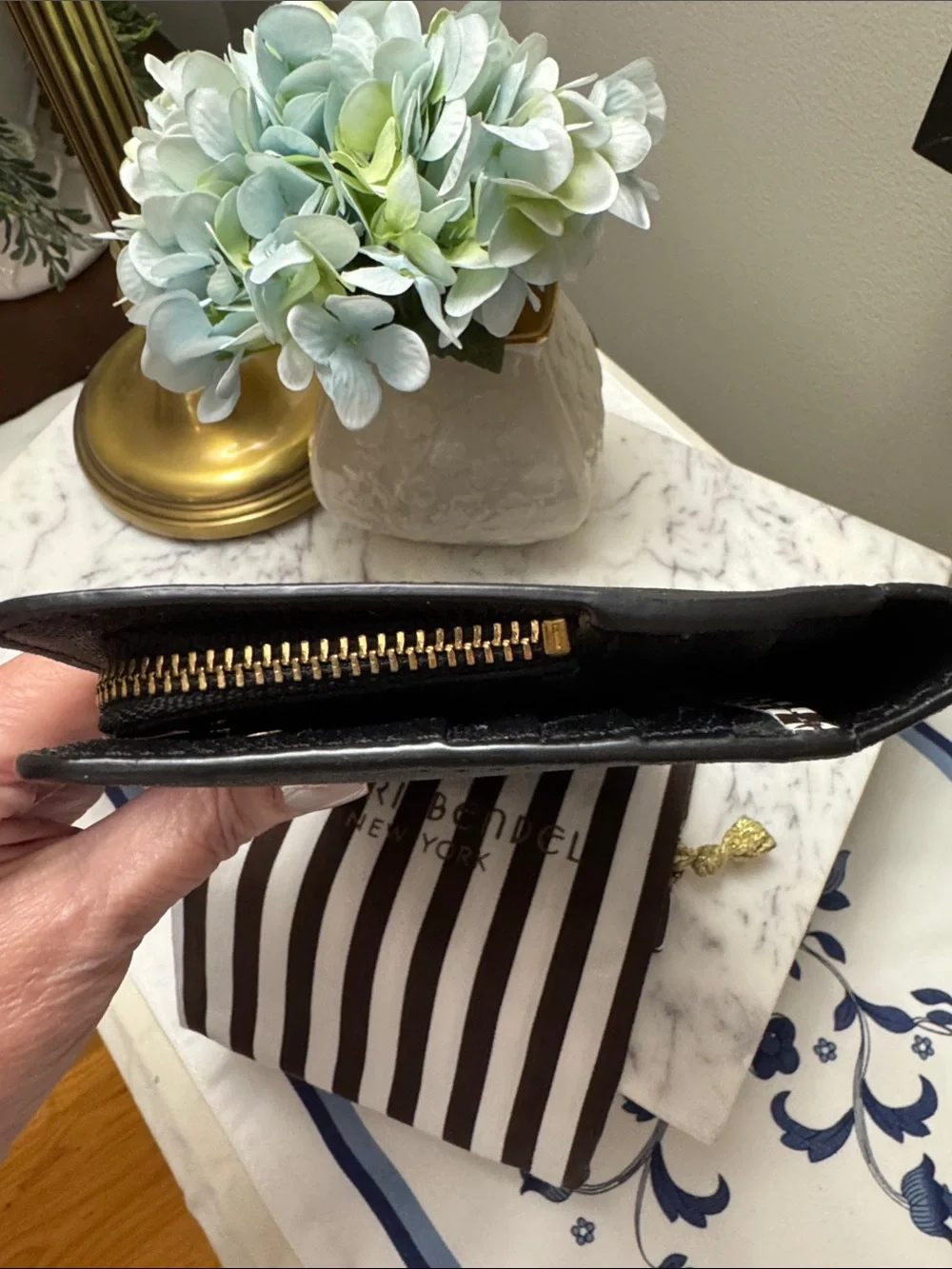 henri bendel Black Saffiano Leather Wallet with Gold Plaque